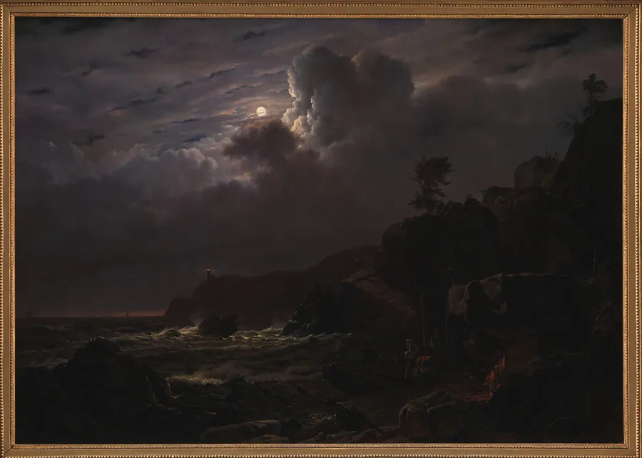 Parti af Kullen. Nogle smuglere skjuler deres varer mellem klipperne. Måneskin by Louis Gurlitt