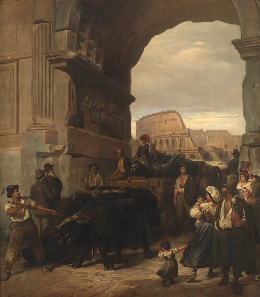 Romerske arbejdsfolk transporterer en antik kejserstatue fra Colosseum igennem Titusbuen til museerne i Capitol by L.A. Schou