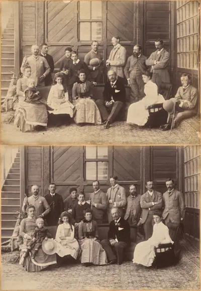 Shimla 17th May 1887: Viceregal party. Lord William Beresford, Military Secretary, Captain Leonard Gordon A.D.C., Mademoiselle Clerc, The Honorable Basit Blackwood, Major F.R. Hamilton A.D.C., Mr. Oglivie Grant, Sir Donald Mackenzie Wallace K.C.E., Private Secretary, Dr. J. Findlay, Mrs. F.R. Hamilton, Master G. Hamilton, Lady Victoria Blackwood, H.E. The Countess of Dufferin, H.E. The Earl of Dufferin, Lady Hermione Blackwood, Lord Herbrand Russell, A.D.C. (recto); Viceregal Party Shimla (verso)