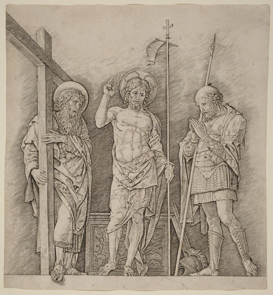 Risen Christ between Saints Andrew and Longinus by Andrea Mantegna