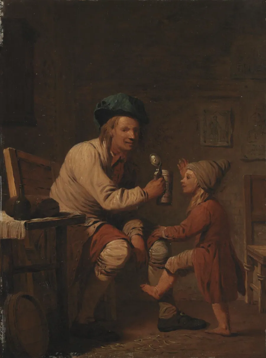 En bondemand, som giver sin søn noget at drikke by Peter Cramer