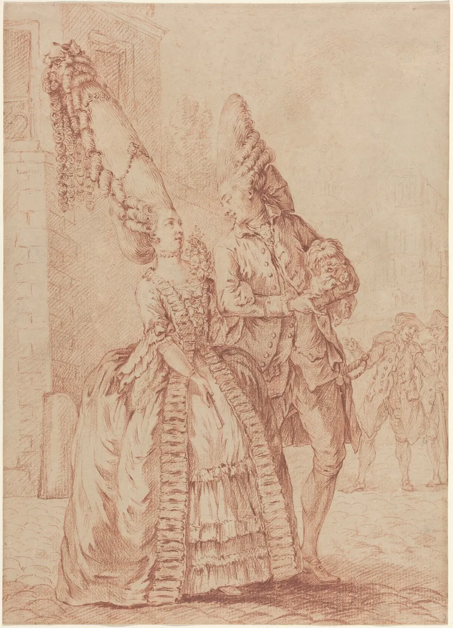 A Lady and Gentleman with Exaggerated Headdresses by Pierre Thomas Le Clerc