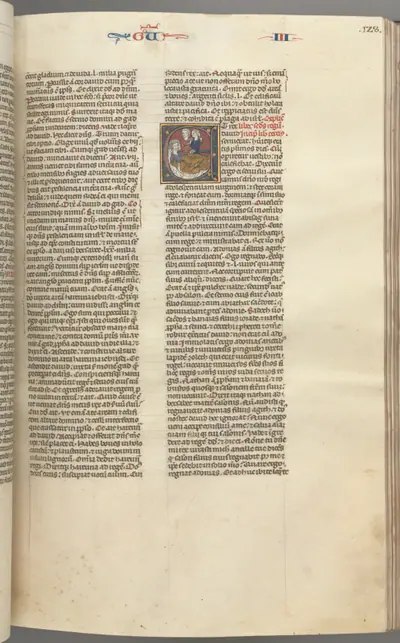 Fol. 123r, Kings III, historiated initial E, an attendant bringing Abishag to David who lies on a bed