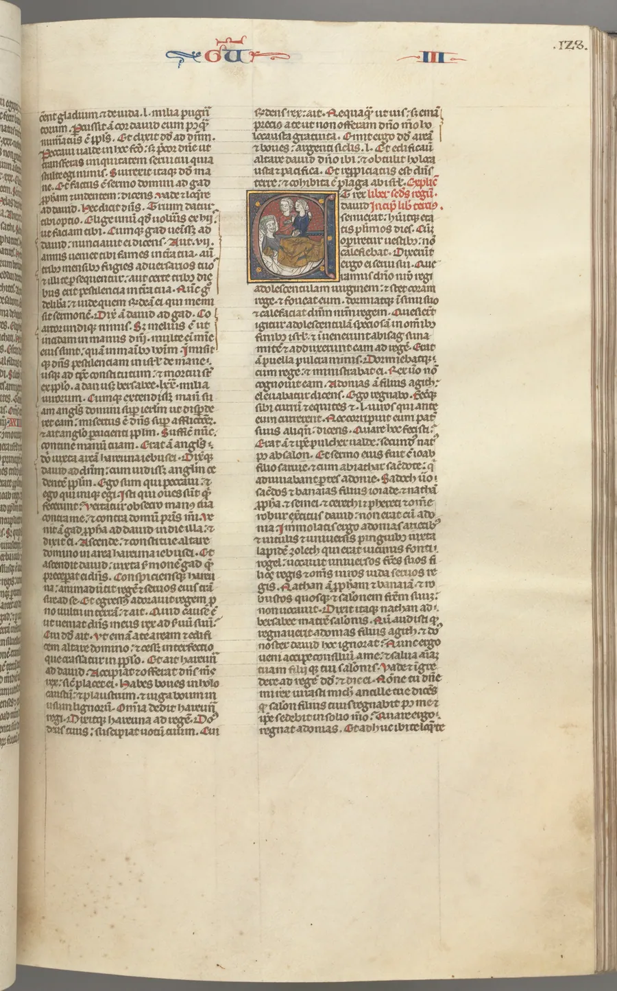 Fol. 123r, Kings III, historiated initial E, an attendant bringing Abishag to David who lies on a bed