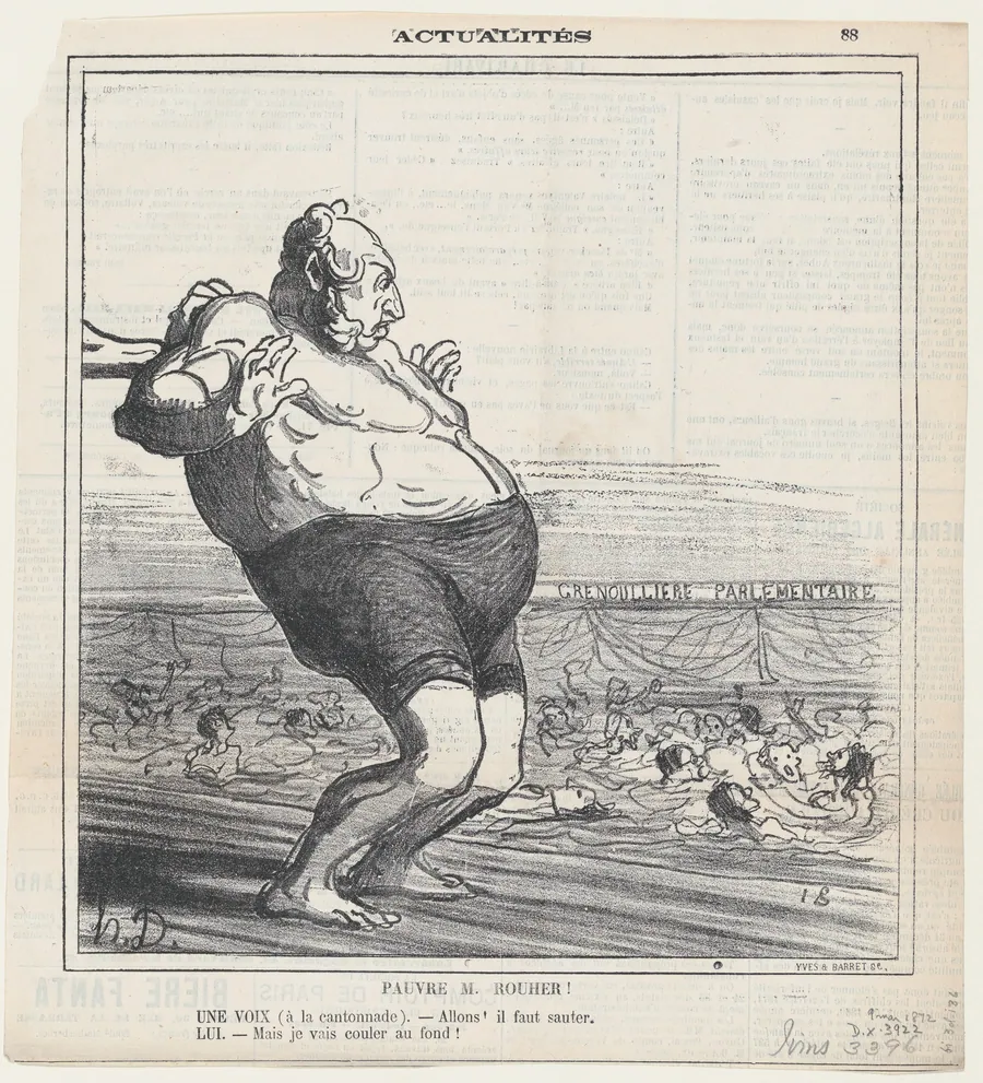Poor Mr. Rouher! A voice (in the wings): –Go ahead! Jump! He: –But I'll sink to the bottom!, from 'News of the day,' published in Le Charivari, May 9, 1872 by Eugène Rouher