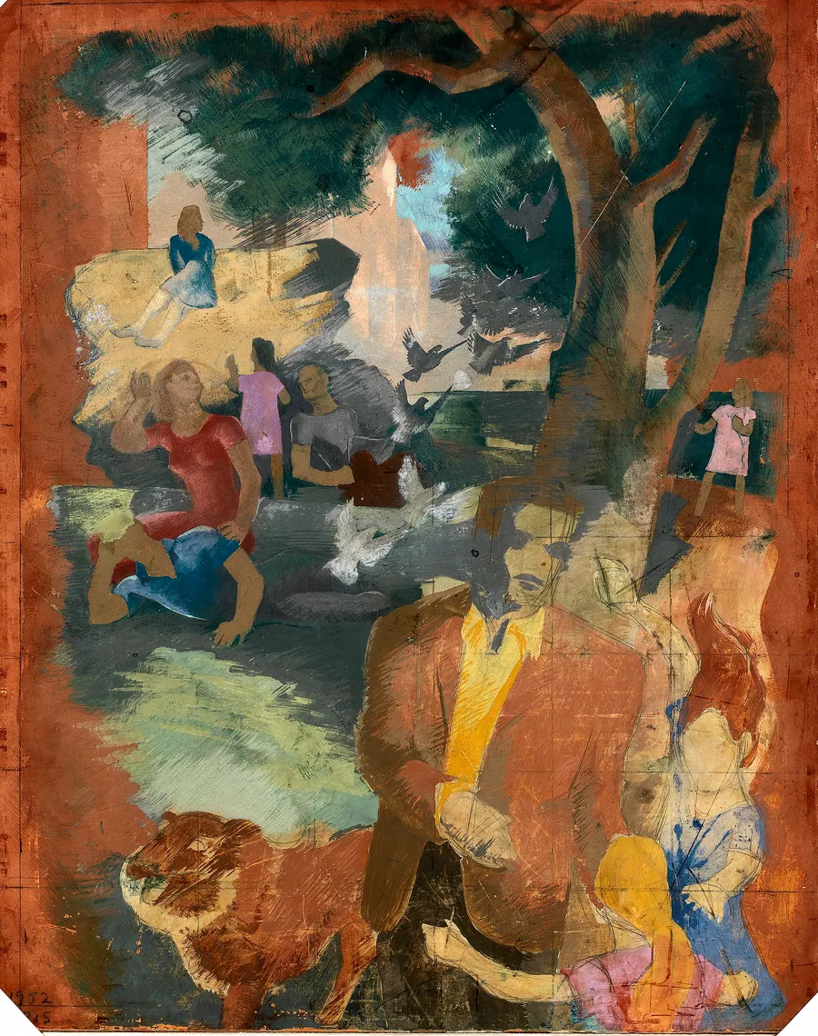 Scenes of New York--Central Park (mural study, Madison Square Postal Station, New York City) by Kindred McLeary, born Weimar, TX 1901-died Confluence, PA 1949