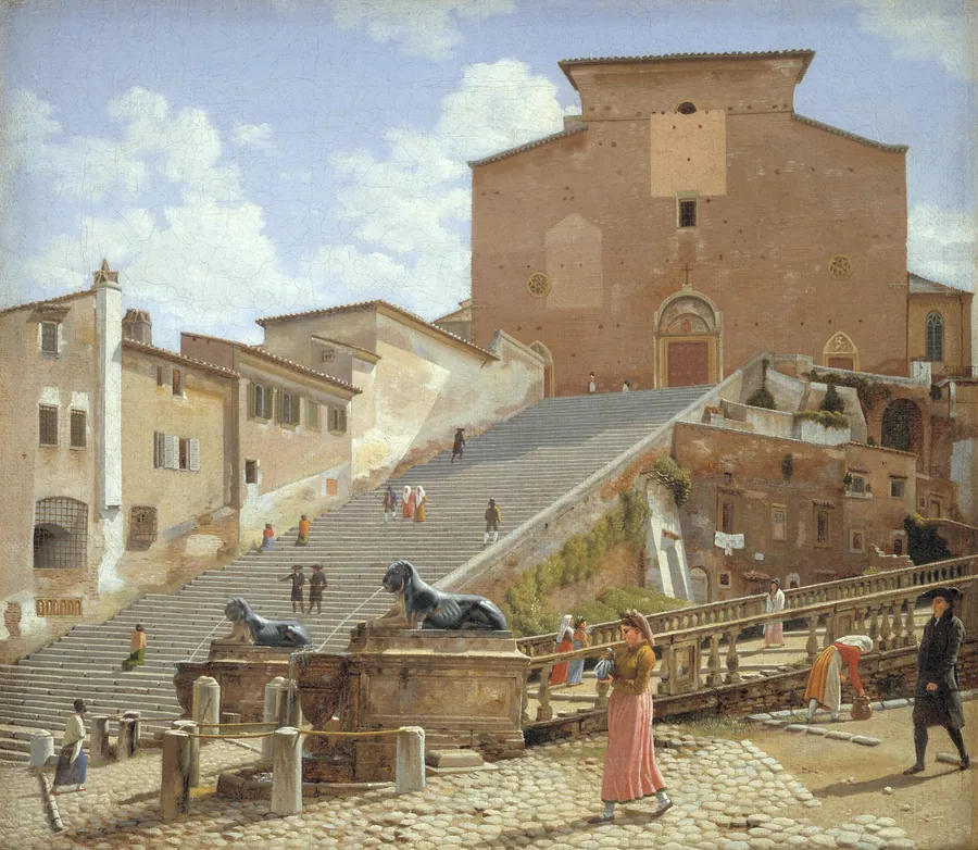 Marmortrappen, som fører op til kirken Santa Maria in Aracoeli i Rom by C.W. Eckersberg