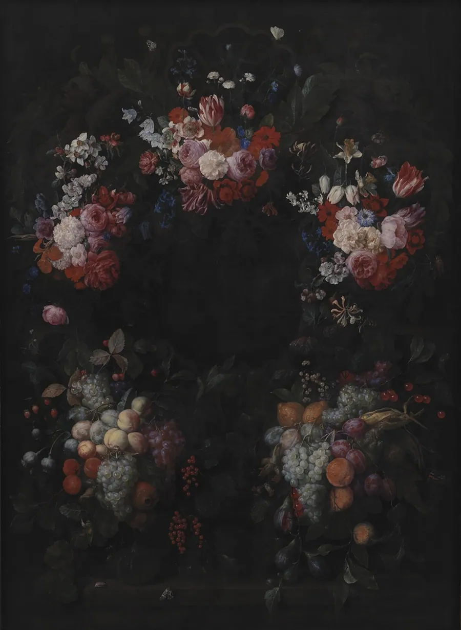 Stenkartouche med en guirlande af blomster og frugter by Joris van Son