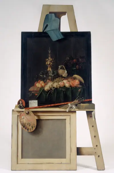 Trompe l'oeil-staffeli med frugtstykke. Udskåret i træ
