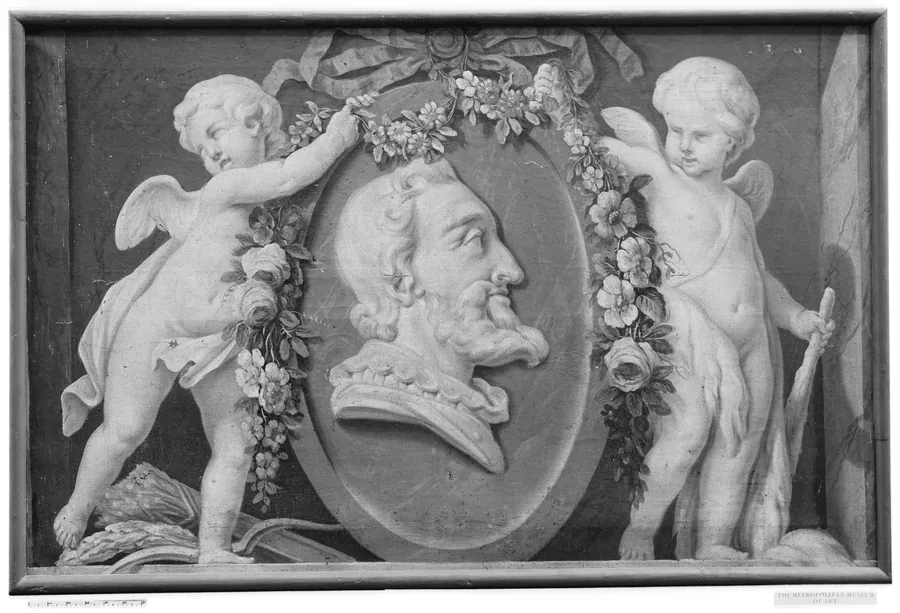 Bust of Henri IV in oval medallion with blue ground supported by two cupids by French Painter