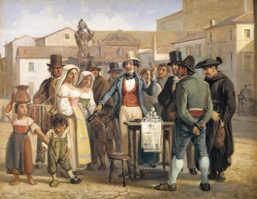 En charlatan sælger blanksværte på Piazza Barberini i Rom by Wilhelm Marstrand