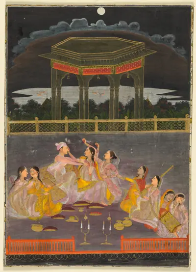 A prince celebrating Holi with palace women on a terrace at night (recto); calligraphy of a quatrain (verso)