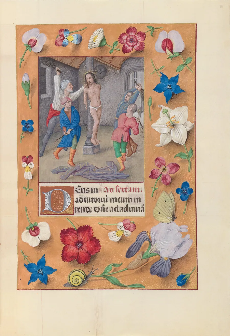 Hours of Queen Isabella the Catholic, Queen of Spain:  Fol. 66r, Flagellation by Master of the First Prayerbook of Maximillian