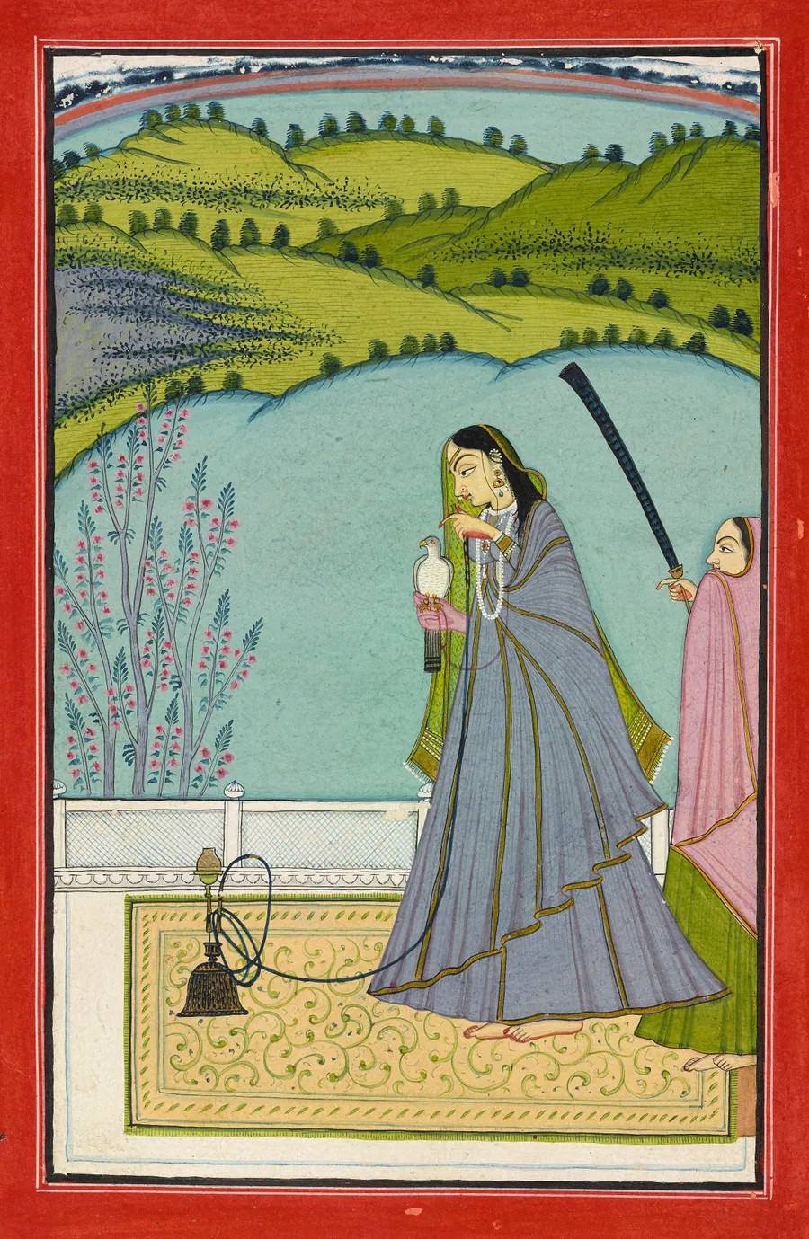A lady on a terrace with hookah and falcon by Attributed to a follower of Har Jaimal (active late 18th century)