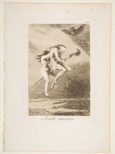 Plate 68 from "Los Caprichos": Pretty teacher! (Linda maestra!)
