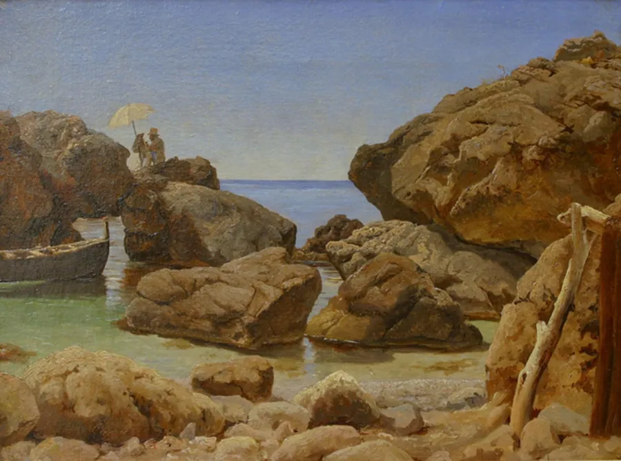 Klippekyst på Capri med malende kunstner by A.W. Boesen