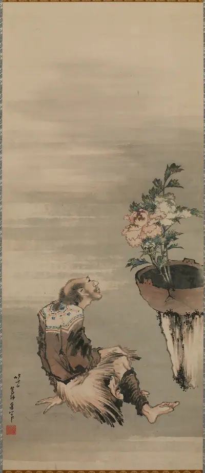 A Seated Man Looking at Potted Peonies