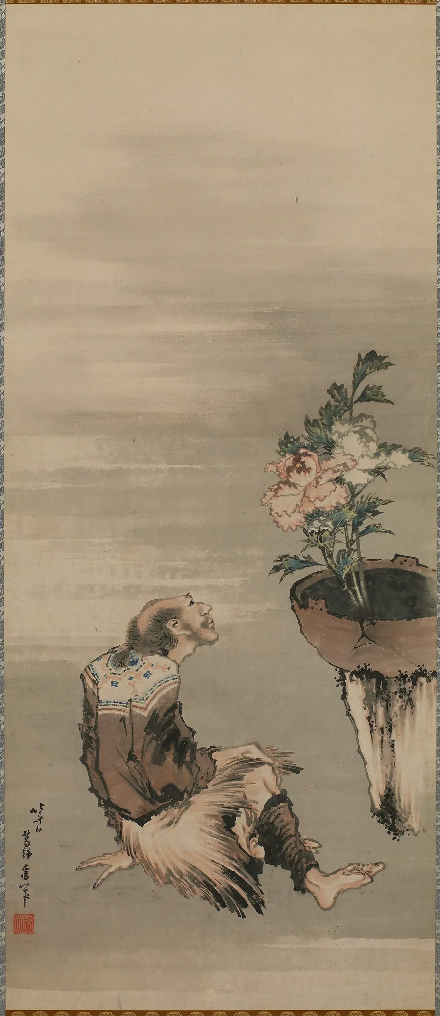 A Seated Man Looking at Potted Peonies by Katsushika Hokusai 葛飾北斎 (1760-1849)