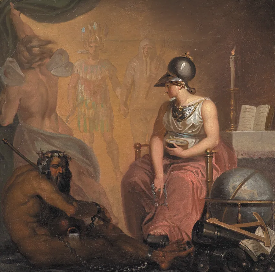 Videnskabernes fornyelse, bogtrykkerkunstens og krudtets opfindelse samt Amerikas opdagelse. Allegori på en af fire hovedepoker i Europas kulturhistorie by Nicolai Abildgaard