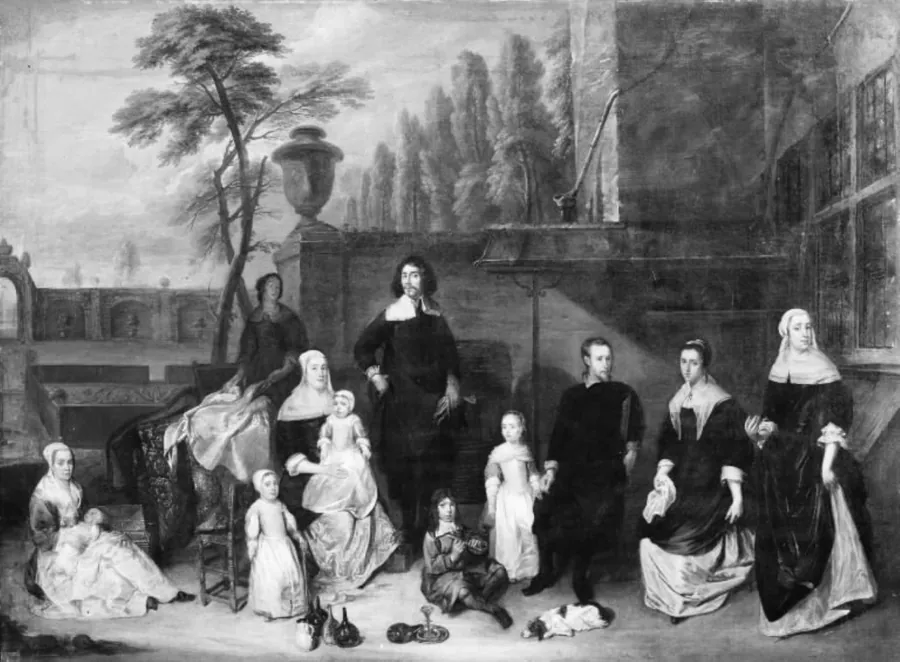 Portræt af en familie på en haveterrasse by Gillis van Tilborgh