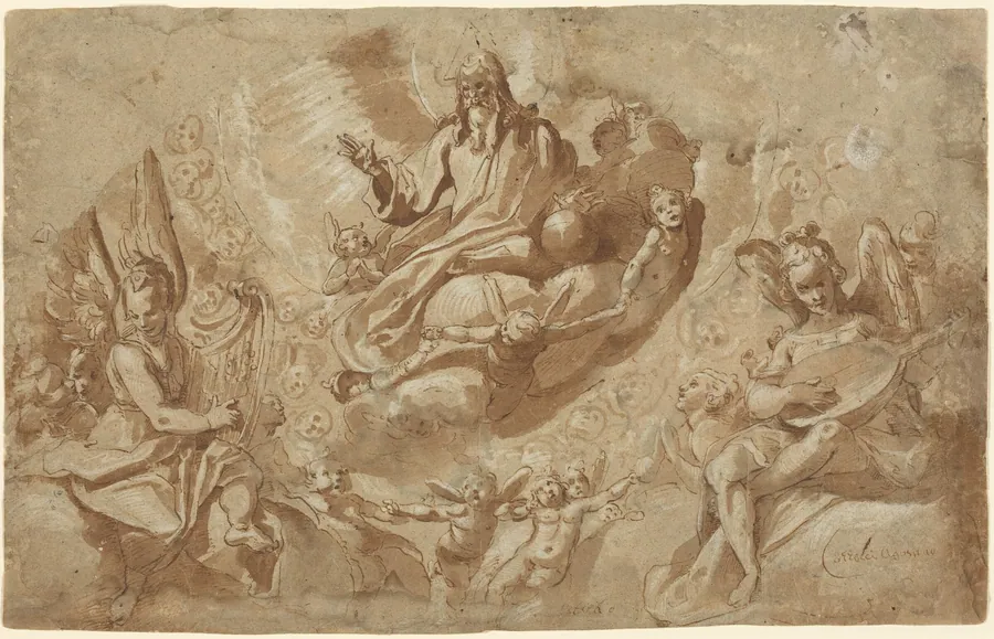 God the Father and Angels on Clouds by Raffaello Motta