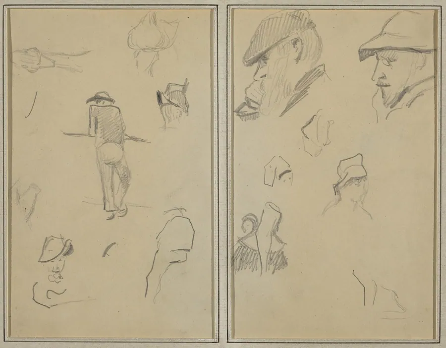 A Man Leaning on a Wall with Five Other Studies; Two Bearded Men Wearing Hats, and Five Other Studies [recto] by Paul Gauguin