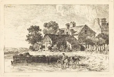 Horses Being Led to Water on a Winding Riverbank