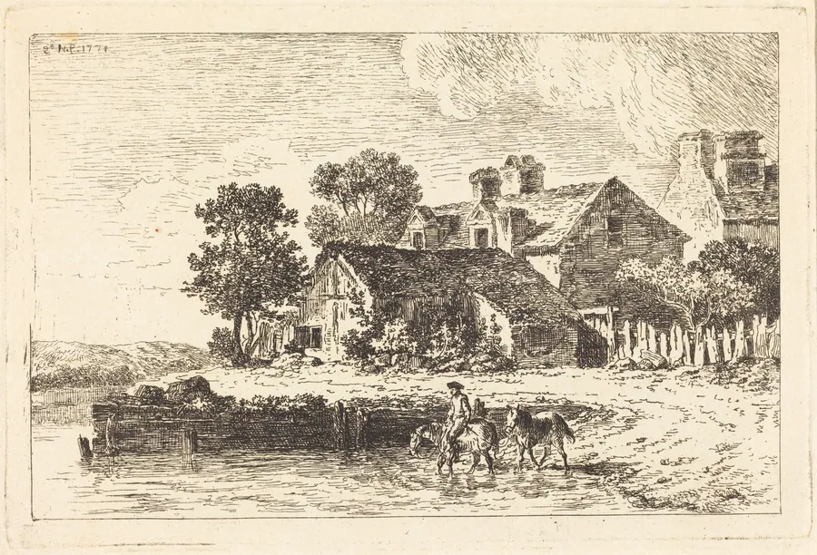 Horses Being Led to Water on a Winding Riverbank by Nicolas Pérignon
