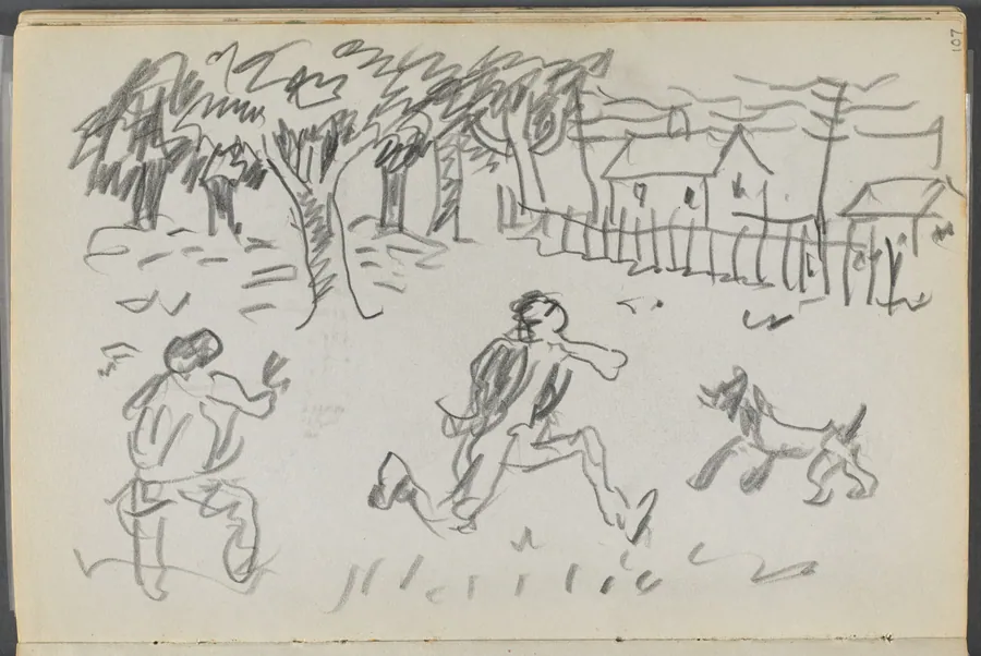 Sketchbook, The Dells, N° 127, page 107: Landscape with Figures and dog by Maurice Prendergast