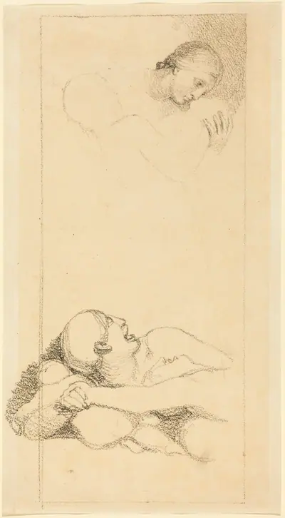 Frightened Man Looking Up; Woman and Children