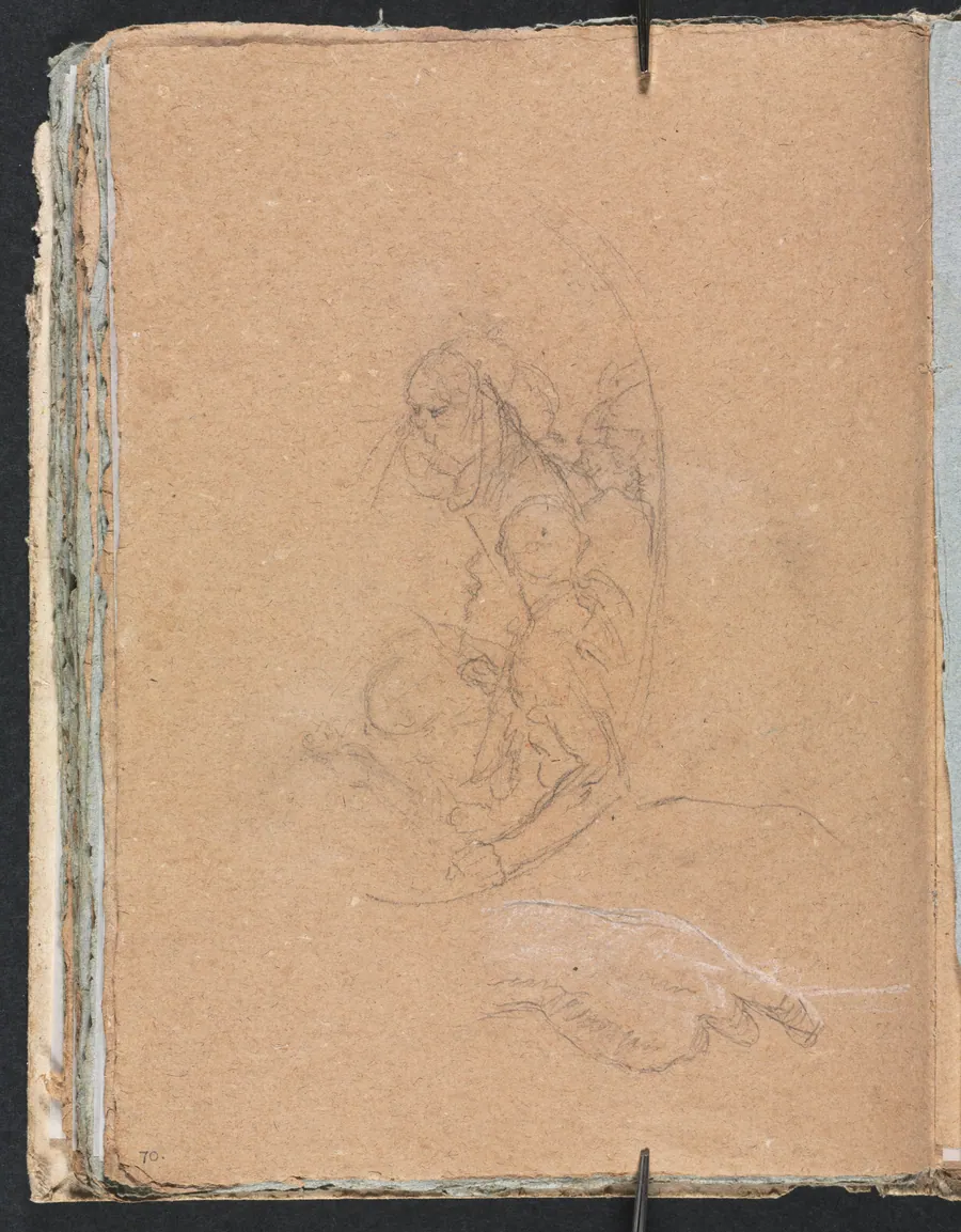 Verona Sketchbook: Figures in a roundel with study of a hand (page 70) by Francesco Lorenzi