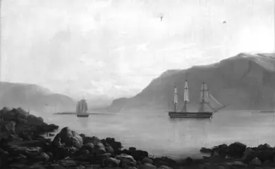 Faxøebugten i nærheden af Reykjavik, hvor linieskibet "Dronning Marie" og korvetten "Najaden" ved daggry letter anker