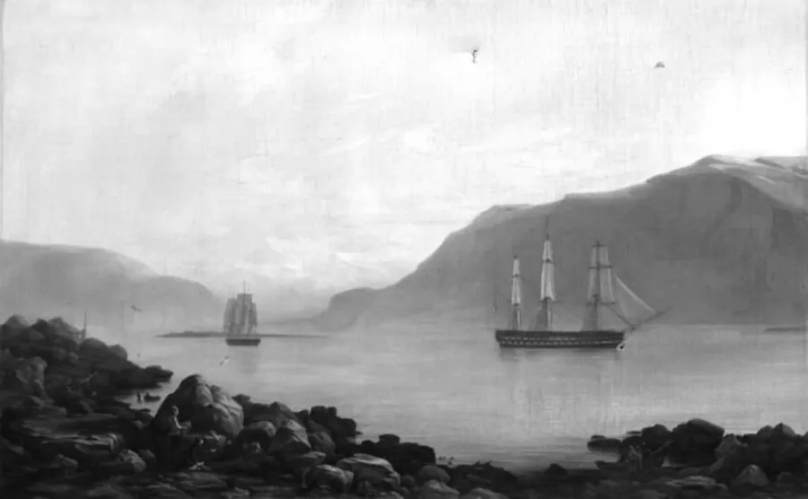 Faxøebugten i nærheden af Reykjavik, hvor linieskibet "Dronning Marie" og korvetten "Najaden" ved daggry letter anker by Friedrich Theodore Kloss