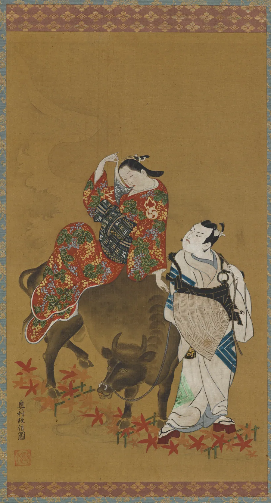 Two kabuki actors in the roles of a courtesan on a water buffalo and a traveling priest by Okumura Masanobu 奥村政信 (1686-1764)
