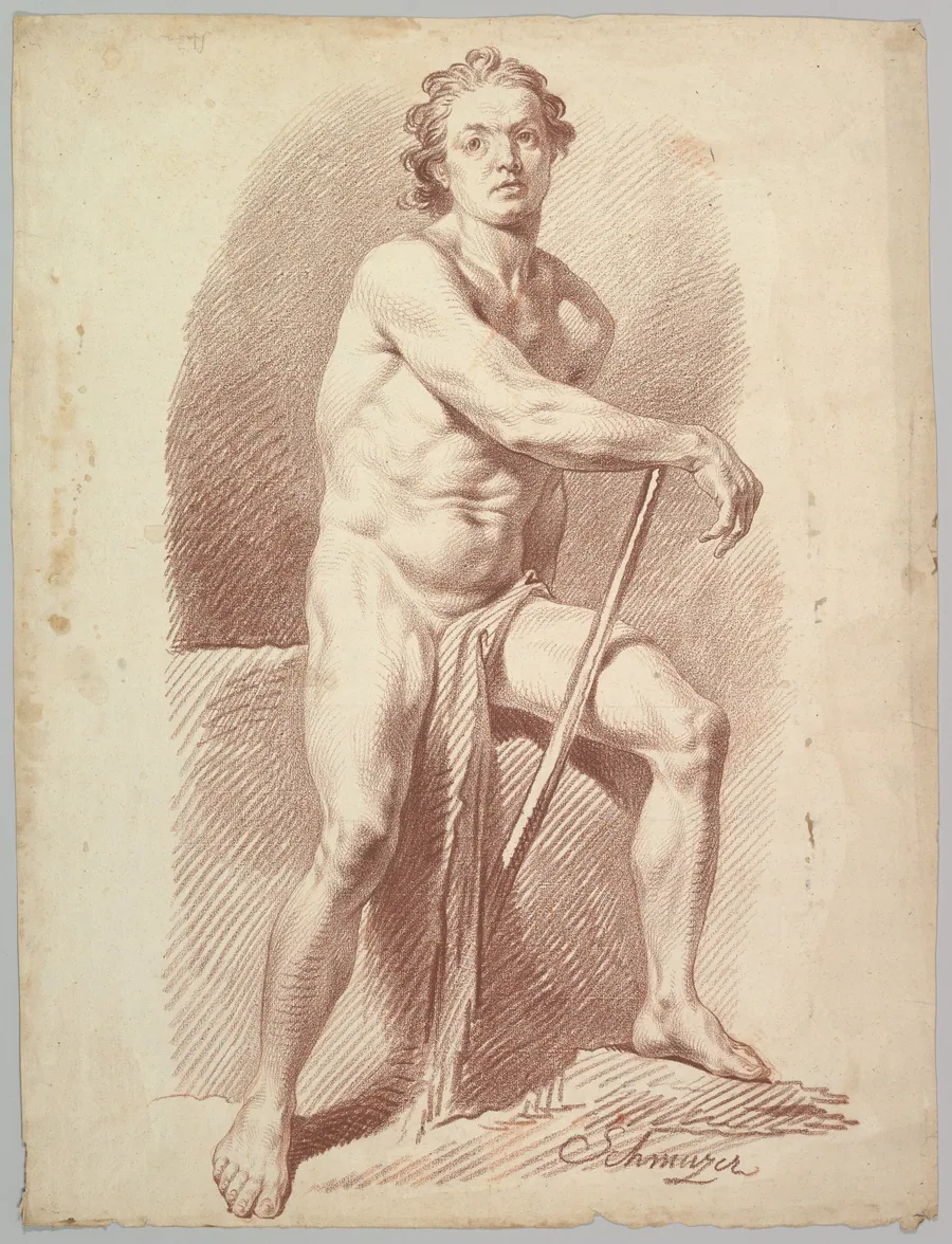 Seated Male Nude Resting on a Stick by Jakob Matthias Schmutzer