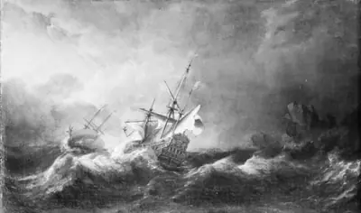 Hollandske krigsskibe i storm ved en klippekyst
