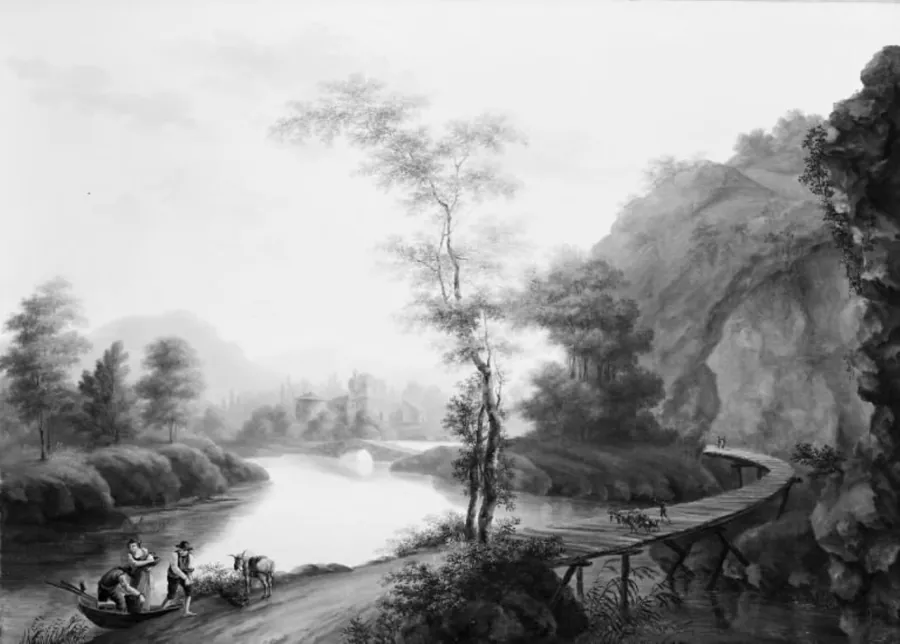 Bjerglandskab med en bro by Heinrich Grosch