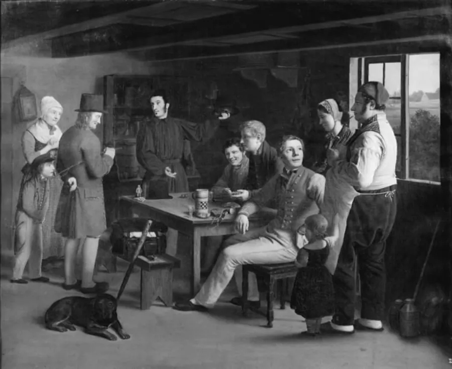 En taskenspiller som foreviser kunster i en krostue by Julius Friedlænder