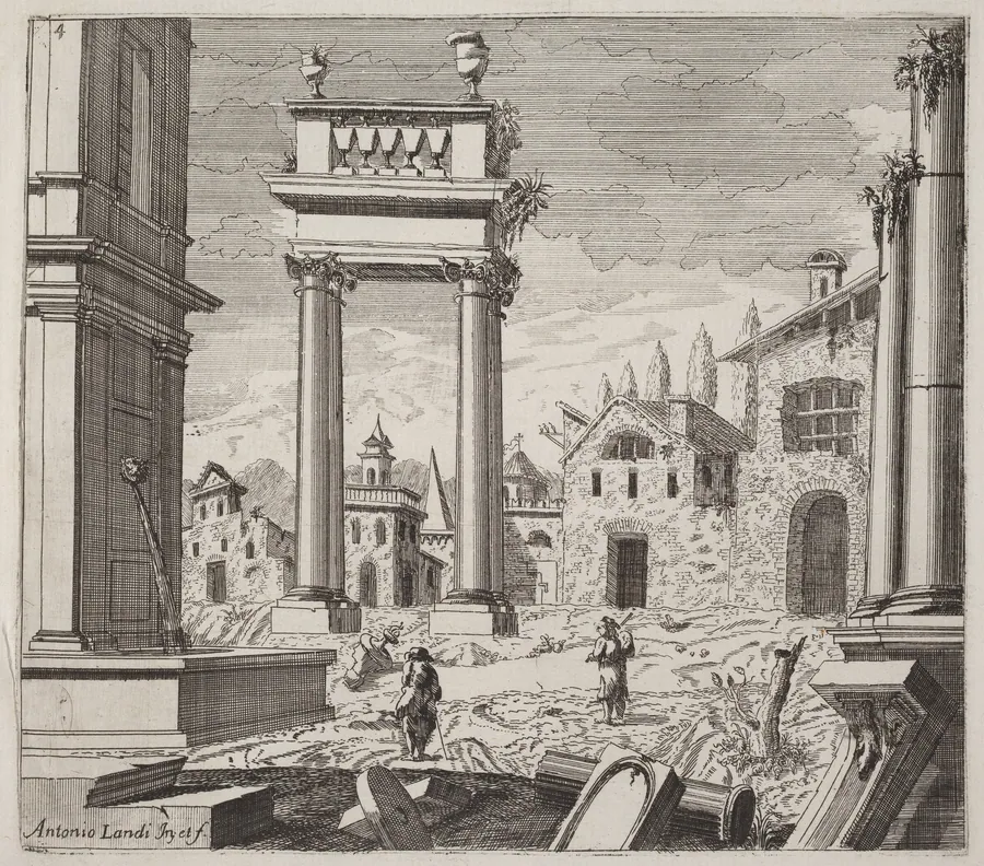 Architectural Fantasy with Classical Ruins and Vernacular Buildings by Giuseppe Antonio Landi