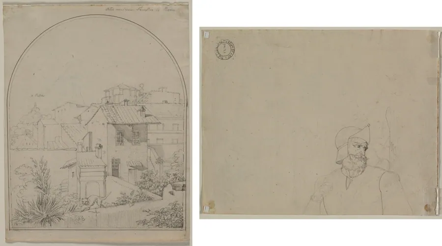 View from My Window in Rome (recto) Soldier in a Landscape (verso) by Carl Ludwig Tischbein