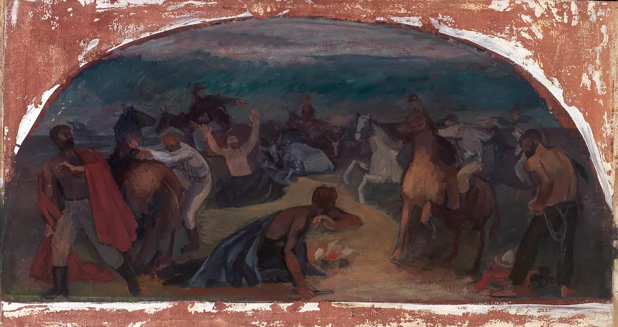 Cattle Thieves Surprised by Posse (mural study, Burns, Oregon Post Office) by Jack Wilkinson, born Berkeley, CA 1913-died East Hampton, NY 1974