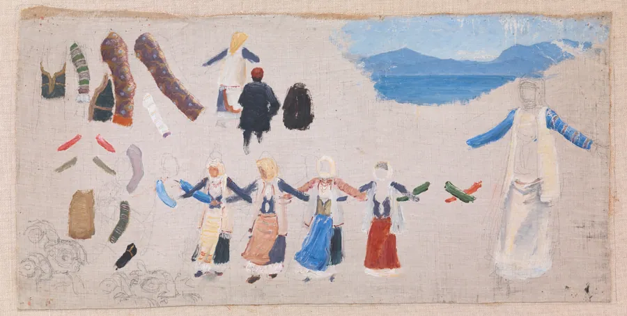 Dansende kvinder, dragtdetailler og et landskab by Niels Skovgaard