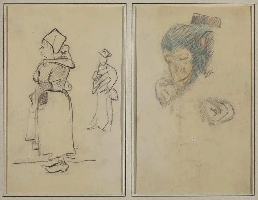 A Breton Woman and a Standing Man; Head and Hand of a Monkey [recto] by Paul Gauguin