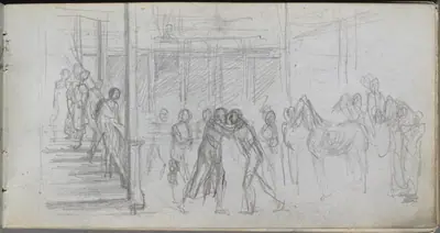 Sketchbook, page 62: Figure Study, Stairway, Horse