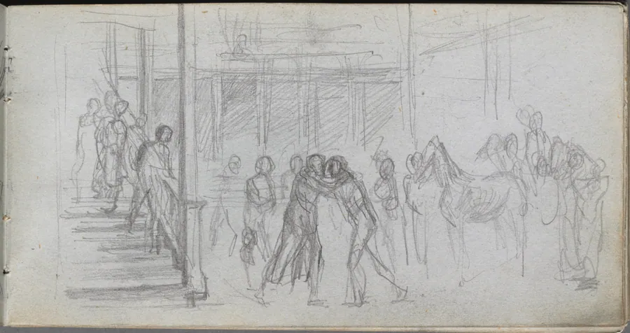 Sketchbook, page 62: Figure Study, Stairway, Horse by Ernest Meissonier