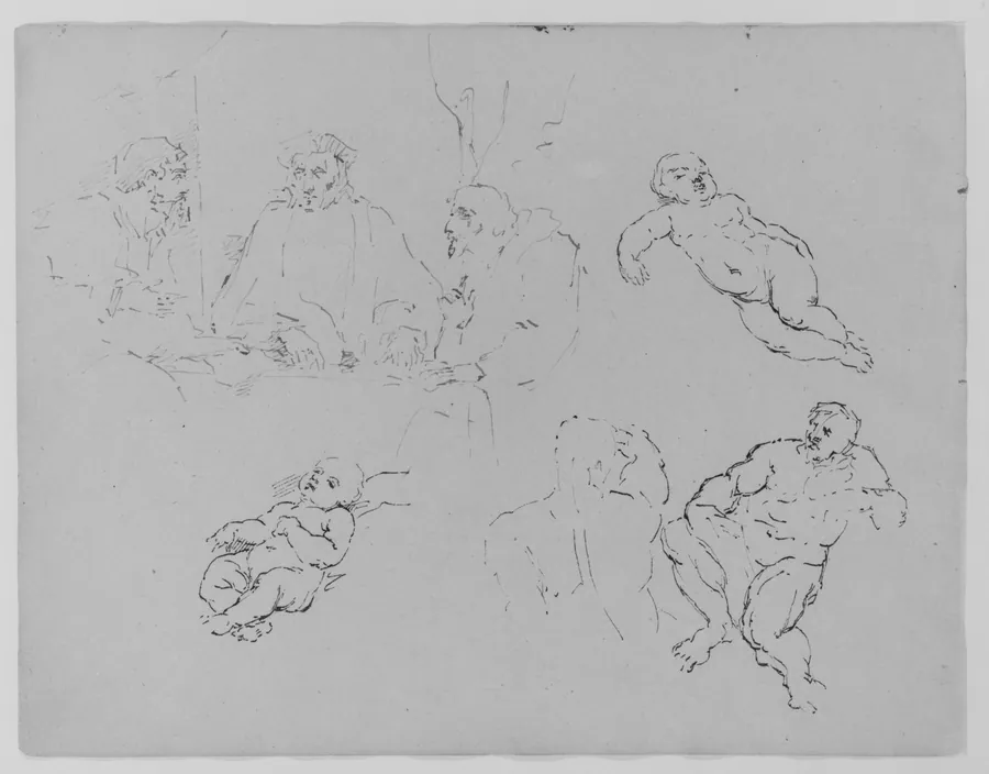 Three Seated Men Conversing; Two Recumbent Children; Back of an Athlete; Seated Male Figure (from Sketchbook) by Thomas Sully