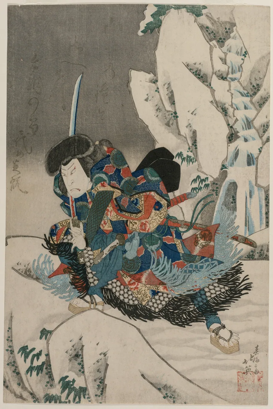 Nakamura Utaemon IV as a Warrior Standing in the Snow by Shunbaisai Hokuei