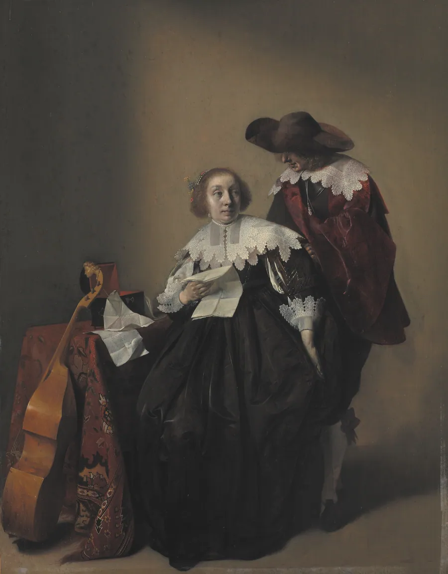 En kvinde med et brev opvartes af en kavaler by Willem Cornelisz Duyster