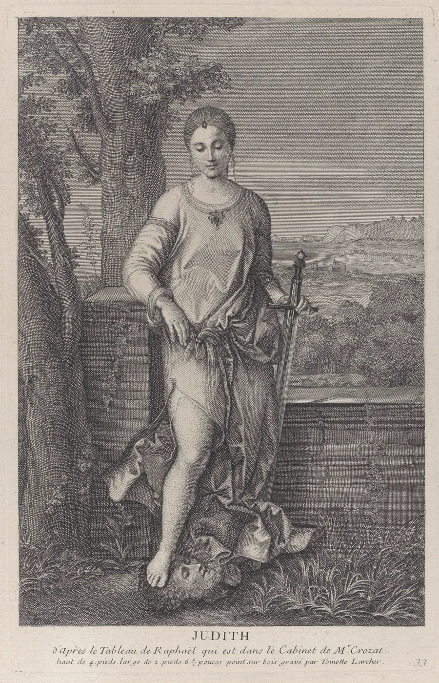 Judith standing with her foot on the head of Holofernes by Antoinette Larcher