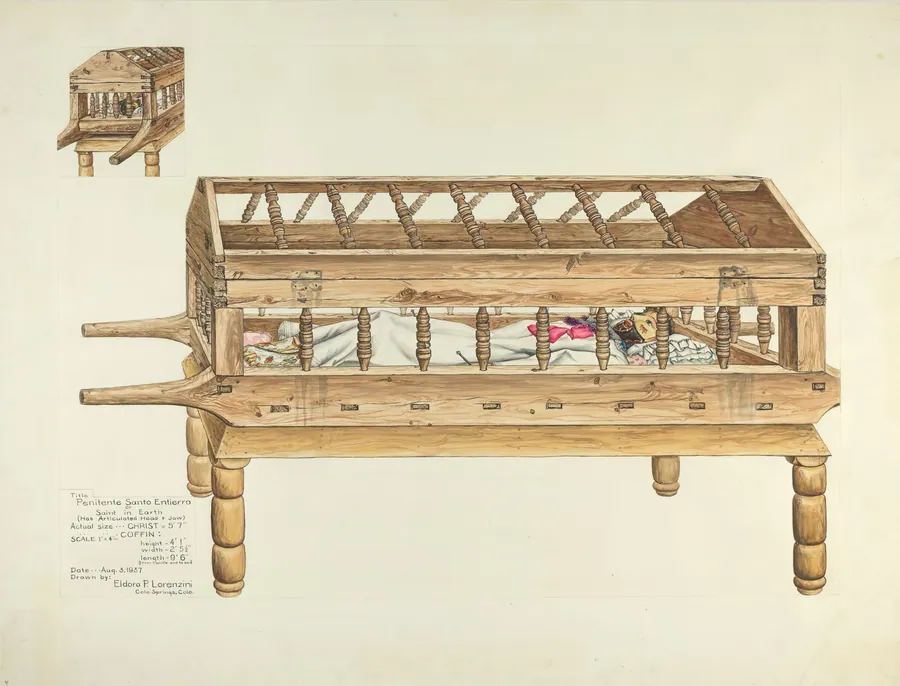 Wooden Coffin and Penitente Santo Entierro (Penitent Saint in Earth) by Eldora P. Lorenzini